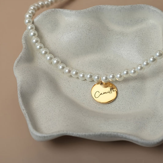 Pearl Name Necklace with Engraved Pendant